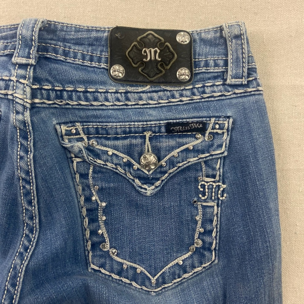 Miss Me Easy Boot Jeans Womens 30 Blue Medium Wash Rhinestone Thick Stitching